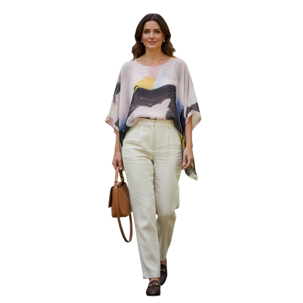 Belle France Asymmetrical Silk Abstract Women's size XL Pancho Italy Artsy Top